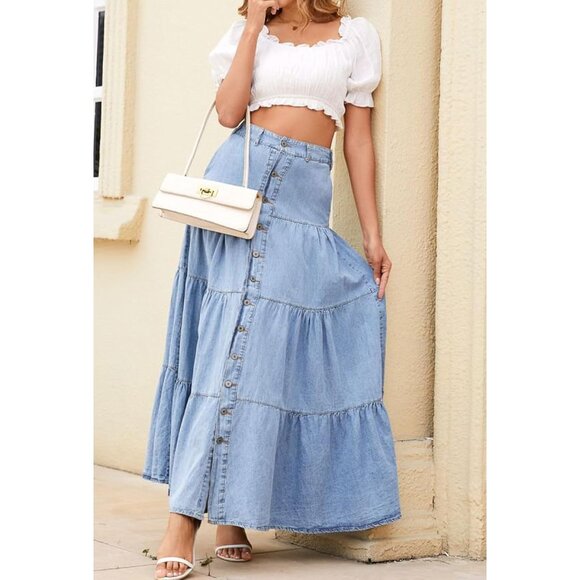 Women Denim Maxi Skirt High Waist A Line Ruffle Tiered Patchwork Light Blue - Picture 7 of 7